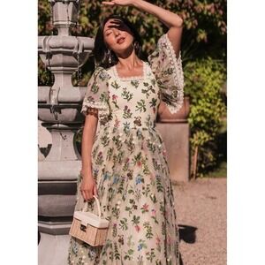 JessaKae Women's Gardenia Dress Cream Floral Embroidered Tulle Lace Midi- 5X